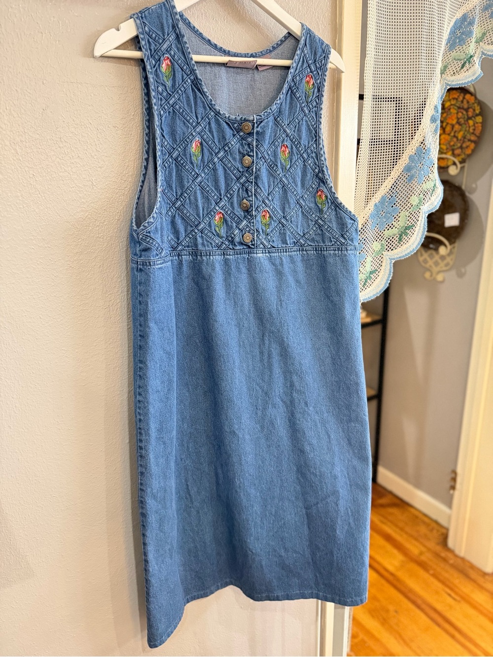 Women’s' Light Blue Denim Embroidered Pinafore Dress